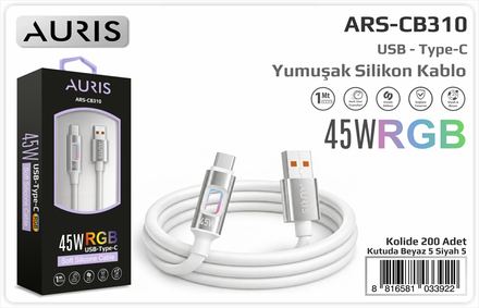 Auris CB310 45W Type-C Işıklı Yumuşak silikon kablo